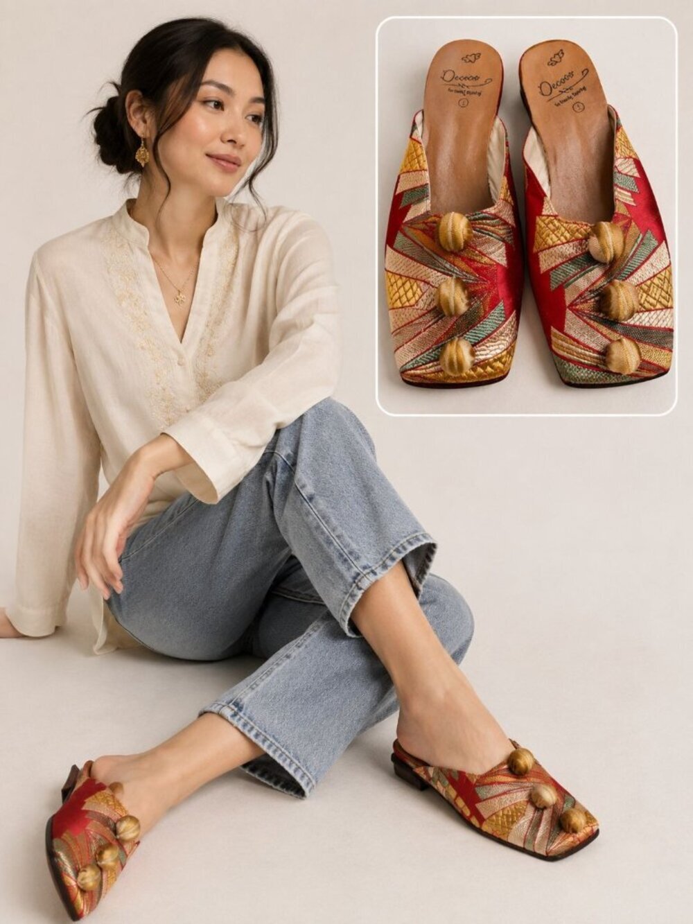 Decoco by Goody Goody Vtg Women’s Brocade Mule Slides Red Gold Square Toe Butto
